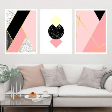 Imagem de Kit 3 Quadros Decorativos Geométrico Rosa e Preto