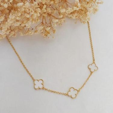 Imagem de Colar Choker com Três Trevos Pedra Madreperola folheado a ouro 18k - D
