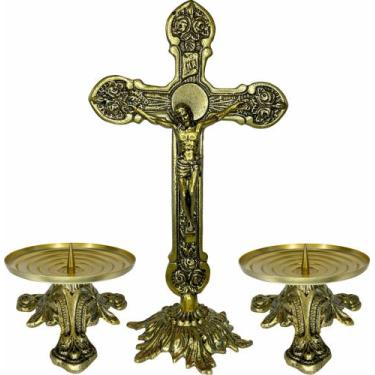 Imagem de Conjunto Cruz Metal C/ Cristo E Castiçal Candelabro 7x13cm - Paludo Ar