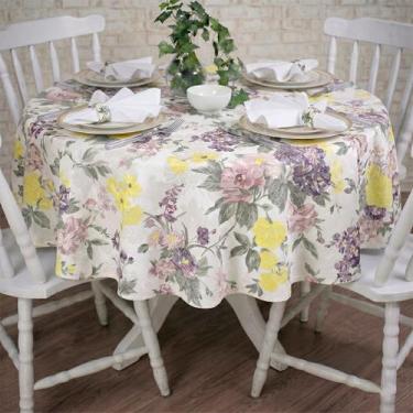 Imagem de Toalha de Mesa Redonda em Tecido Jacquard Estampado Floral Lilás e Ama