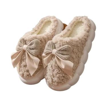 Imagem de Pantufas Femininas De Inverno Com Laço De Pelúcia, Sola Grossa Macia, 