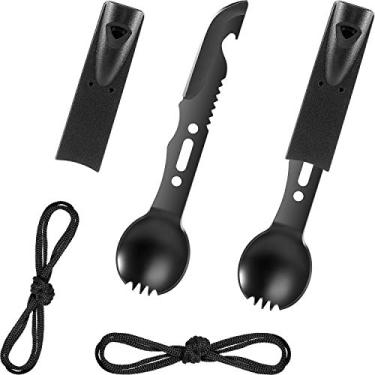 Imagem de Conjunto de 2 pacotes de esportes multifuncionais para acampamento e acampamento de aço inoxidável com garfo de garfo de acampamento funcional com abridor de garrafa e apito para acampamento, caminhada, mochila, caça (cor clássica)
