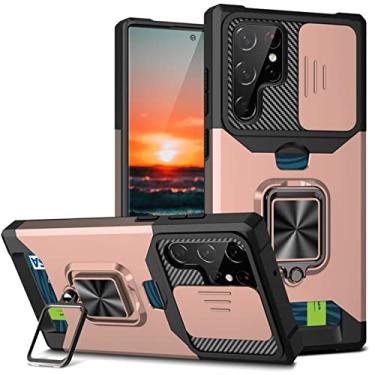 Imagem de OIOMAGPIE Capa protetora para celular com suporte de cartão e suporte de janela deslizante para Samsung Galaxy S22 S21 S30 Ultra Plus FE Note 20 Pro, capa de proteção de lente (rosa, S22)