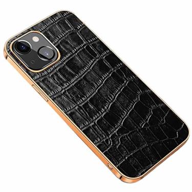 Imagem de YINGDAFENG Capa para iPhone 14/14 Pro/14 Plus/14 Pro Max, capa traseira de couro de crocodilo artificial retrô com proteção de câmera durável galvanizada moldura Shell, preta, 14 plus 6,7 polegadas