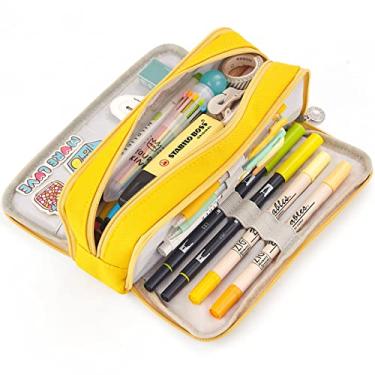 Imagem de Estojo para lápis de grande capacidade CICICIMELON com 3 compartimentos, bolsa para caneta para escola, adolescentes, meninos e mulheres (amarelo)