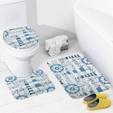 Imagem de Conjunto de tapetes de banheiro 3 peças de faróis, âncoras de gaivota, tapete de banheiro lavável antiderrapante, tapete de contorno e tampa para banheiro
