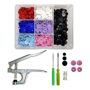 Imagem de Alicate de Pressão Para Pregar Botão Plastico Ritas + Box Organizador com 140 Botões Coloridos Rita 12mm