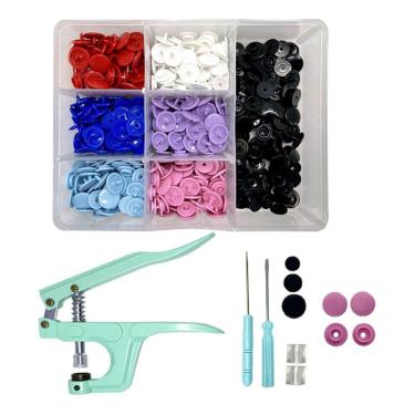 Imagem de Alicate de Pressão Para Pregar Botão Plastico Ritas + Box Organizador com 140 Botões Coloridos Rita 12mm