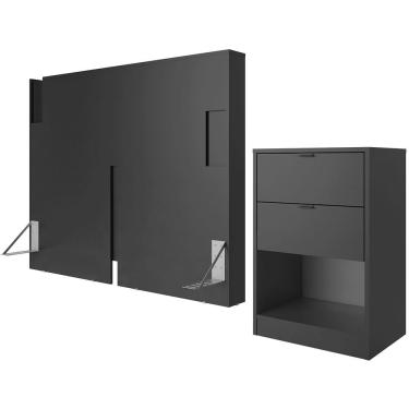 Imagem de Cabeceira para Cama Box Casal e Queen Bartira Diplomata com Revestimento em Finish Foil + Mesa de Cabeceira Bartira Diplomata com 2 Gavetas - Grafite