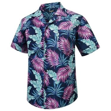 Imagem de Camisas masculinas havaianas de manga curta com botões tropicais Aloha camisa casual verão Havaí praia camisas, 04 - azul marinho/roxo, M