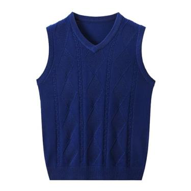 Imagem de Suéter masculino grosso fino gola V tricotado colete de malha pulôver sem mangas lã quente, Azul-escuro, P