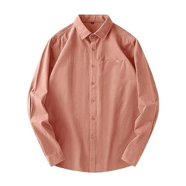 Imagem de Camisa social masculina de cor lisa abotoada manga longa camisa formal sem rugas, Rosa, M