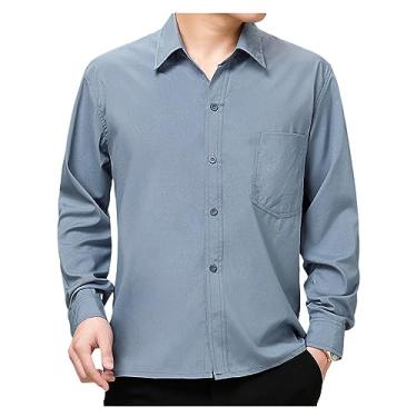 Imagem de Camisa social masculina de cor lisa, caimento regular, manga comprida, formal, sem rugas, com, Cinza-claro, 3G
