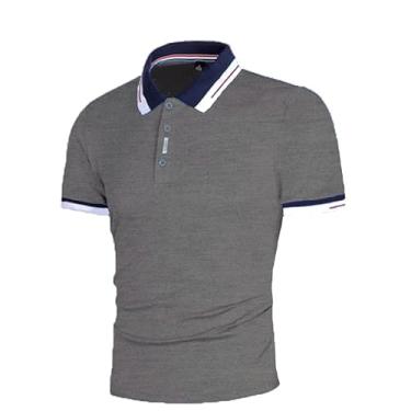 Imagem de BAFlo Nova camiseta masculina com contraste de cores e patchwork, camisa polo masculina de manga curta, Cinza escuro, M