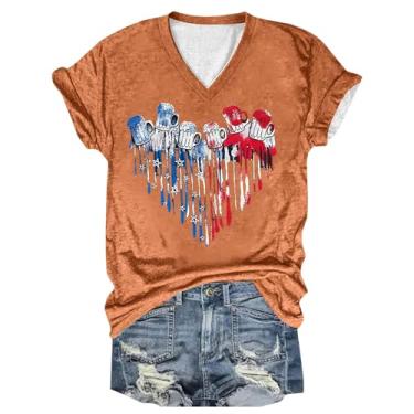 Imagem de Camisetas patrióticas femininas com bandeira dos EUA, jeans com bandeira da América, camisetas femininas do Dia da Independência, Laranja, GG