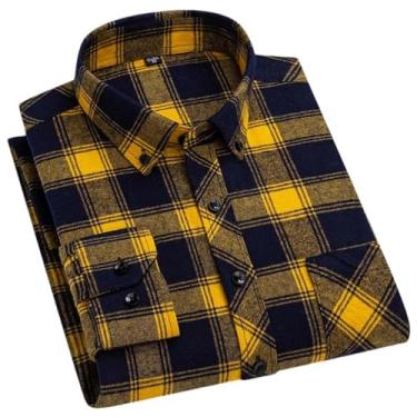 Imagem de Camisa xadrez masculina de manga comprida com bolso único e ajuste padrão de flanela, 7706, PP