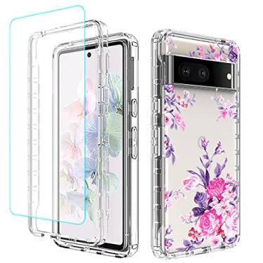 Imagem de sidande Capa para Pixel 7/Google 7 com protetor de tela de vidro temperado, à prova de choque, transparente, floral, macio, TPU fino, capa protetora para celular para Google Pixel 7 (flor rosa)