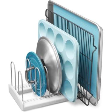 Imagem de YouCopia StoreMore Rack ajustável para panelas e tampas, tampas de panela e organizador de panelas para armazenamento de armário de cozinha, padrão, branco