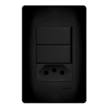 Imagem de 2 Interruptores Simples 16A e 1 Tomada Preta 2p+T 10A/250v Com Placa S