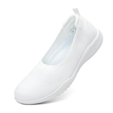 Imagem de LEDINEY Sapatilhas femininas sem cadarço para caminhada confortável tênis de tricotar salto baixo elegante tênis de balé Zapatos para mulheres, Branco, 41