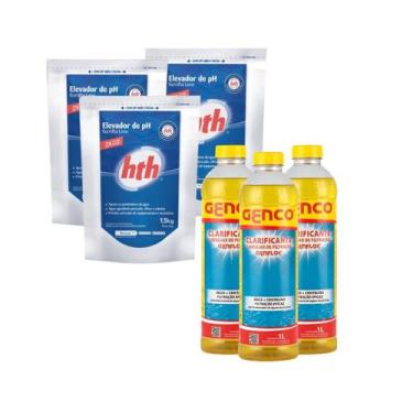 Imagem de Kit 3 Barrilha Hth + 3 Clarificante Genco Auxiliar De Tratamento