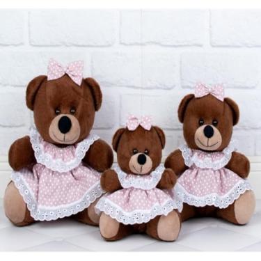 Imagem de TRIO DE PELUCIAS URSO TEDDE VESTIDO BABY 15/18/22 CM (poá rosê - Pelúcia Marrom)