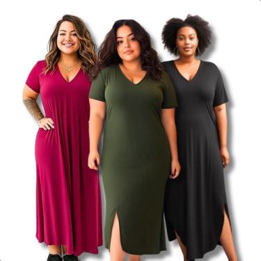 Imagem de Kit 3 Vestido Longo Feminino Midi Liso Com Fenda E Bolsos - Contramão 