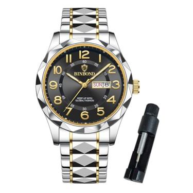 Imagem de BINBOND Relógio masculino de luxo, analógico, quartzo, aço inoxidável, negócios, dois tons, casual, com data, à prova d'água, luminoso, Dourado, preto, relógios masculinos
