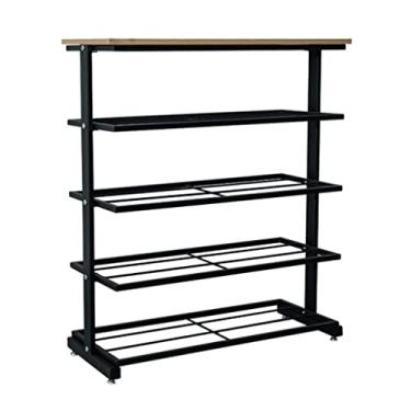 Imagem de Sapateiras para entrada de sapatos pretas organizador de armazenamento de sapatos de 5/6 níveis com prateleira superior de madeira maciça e prateleiras de malha de metal para armário de 15 a 24 pares