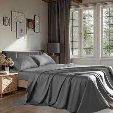 Imagem de REDASW Jogo de lençol 100% algodão egípcio, tamanho casal, 4 peças, 1200 fios, bolso profundo de 40,6 cm, lençol com elástico macio, respirável, todas as estações (casal, cinza escuro)