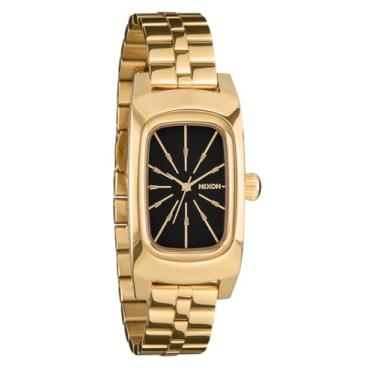 Imagem de NIXON Relógio analógico feminino Frankie A1441-100 m resistente à água (mostrador retangular de 47 x 24 mm, pulseira de 3 elos de 14 mm com fecho borboleta), Meados do século/ouro/preto, Womens