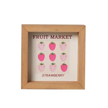 Imagem de Placa de cozinha de decoração de morango para prateleira, placa de madeira de morango para decoração de bandeja em camadas, decoração de casa de verão 15 x 15 cm (mercado de frutas, morango)