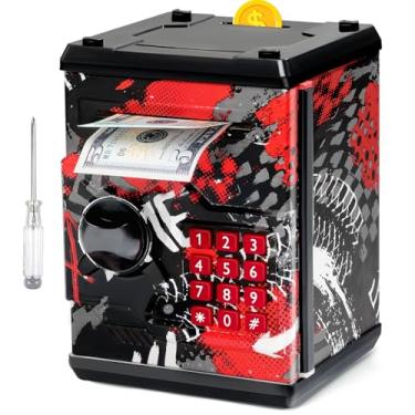 Imagem de Cofrinho ATM para meninos e meninas, Vcertcpl Mini ATM Cofre de moedas com senha, pote seguro para crianças para adultos com compartimento automático para notas, ótimo banco de brinquedos de presente