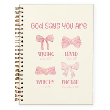 Imagem de PLKMN Caderno Coquete com laço rosa, God Says You Are Christian Caderno feminino, material de escritório rosa, caderno bíblico para anotações, 13 x 21 cm (bege-rosa) pontilhado