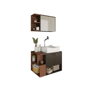 Imagem de Armario Moveis Para Banheiro Com Espelheira Torino Luxo Com Cuba Premium Gabinete Parede – Compacto, Funcional E Moderno Suspenso (Preto/Freijó)