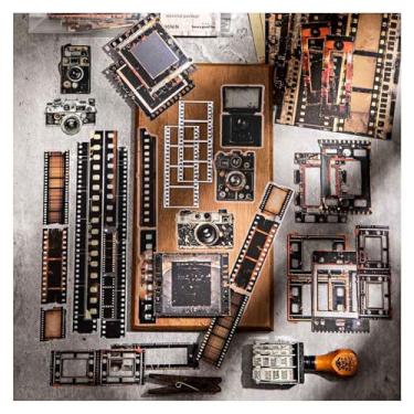 Imagem de Vilikya Pacote de 90 adesivos para scrapbook de filme para artigos de diários de lixo, papel de decoupage com tema de filme para kit de álbuns, fita de fita de filme PET e cartões para porta-retratos