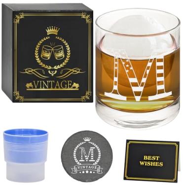 Imagem de TQONEP Conjunto de copos de uísque para presentes masculinos, copo de rochas Bourbon à moda antiga de 293 ml com molde de bola de gelo, porta-copos e cartão de presente, ideias personalizadas de