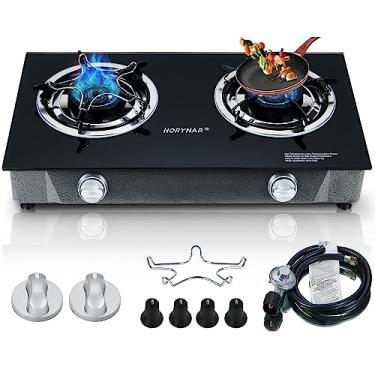 Imagem de Horynar Fogão a propano com 2 queimadores a gás propano fogão a gás portátil de ignição automática 26000 BTU Queimadores de propano GLP com mangueira CSA para cozinhar ao ar livre