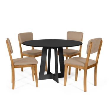 Imagem de Mesa De Jantar Redonda Montreal Preta Com 4 Cadeiras Estofadas Ella Marrom Claro