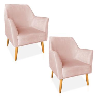 Imagem de Kit 02 Poltronas Decorativa Julia Veludo Pés Palito Castanho Rosa Bebê