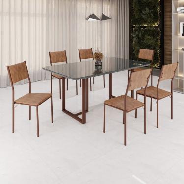 Imagem de Conjunto Sala De Jantar Mesa 160x90cm Base Lunna Tampo Mdf Laca Com Vidro Florença Marrom