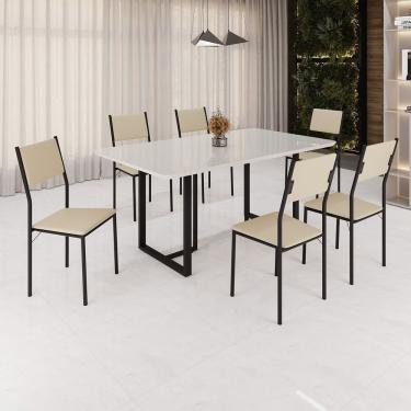 Imagem de Conjunto Sala De Jantar Mesa 160x90cm Base Lunna Tampo Mdf Laca Com Vidro Florença Creme Preto