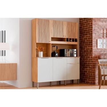 Imagem de Cozinha Completa Compacta Moscato Kit 6 Portas 1 Gaveta MDF 151cm Amêndoa Branco Rústico