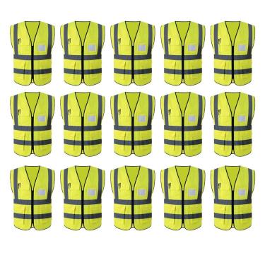 Imagem de Colete Faixa Sinalizador Epi Refletivo Kit 15 Unidades Blusao Fluorescente Obra Bolsos Ziper Segurança