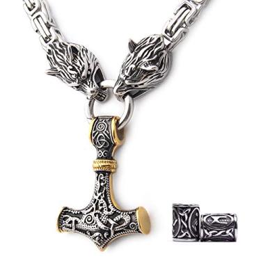 Imagem de GUNGNEER Colar masculino com pingente de martelo Thor, cor dourada mista, cor viking, Mjolnir, corrente quadrada com cabeça de lobo, aço inoxidável 316L bônus 2 contas de runa