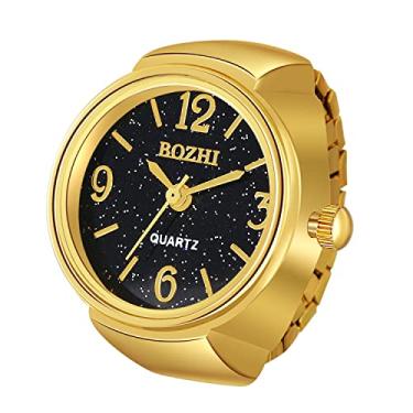 Imagem de JewelryWe Relógio de dedo masculino feminino banhado a ouro e prata anel elástico com mostrador redondo de glitter relógio de quartzo, para o dia dos namorados, Dourado, preto