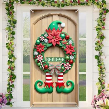 Imagem de BlissYard Conjunto de faixa de porta de Natal, 89 x 188 cm, decoração de varanda para casa, letreiro de duende com pernas de elfo, vermelho, verde, hortelã-pimenta, guirlanda de Natal, bengala doce