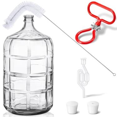 Imagem de Suzile Garrafa de vidro de 6 galões com rolhas de borracha perfuradas e não perfuradas bolha airlock e escova de alça de carboy, fermentador de vinho, jarro de fermentação para cerveja e equipamento