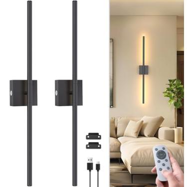 Imagem de NIORSUN Conjunto de 2 arandelas de parede operadas por bateria de 71 cm, luzes de parede recarregáveis pretas de rotação de 360° com tubo removível e controle remoto, lâmpada de parede regulável de 3