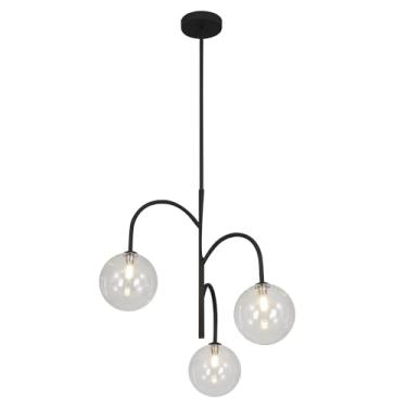 Imagem de Flyrose Lustre de globo de vidro transparente com 3 luzes pendentes pretas para casa de fazenda luz de ilha de cozinha lustre moderno para sala de jantar lustre de teto Sputnik de meados do século